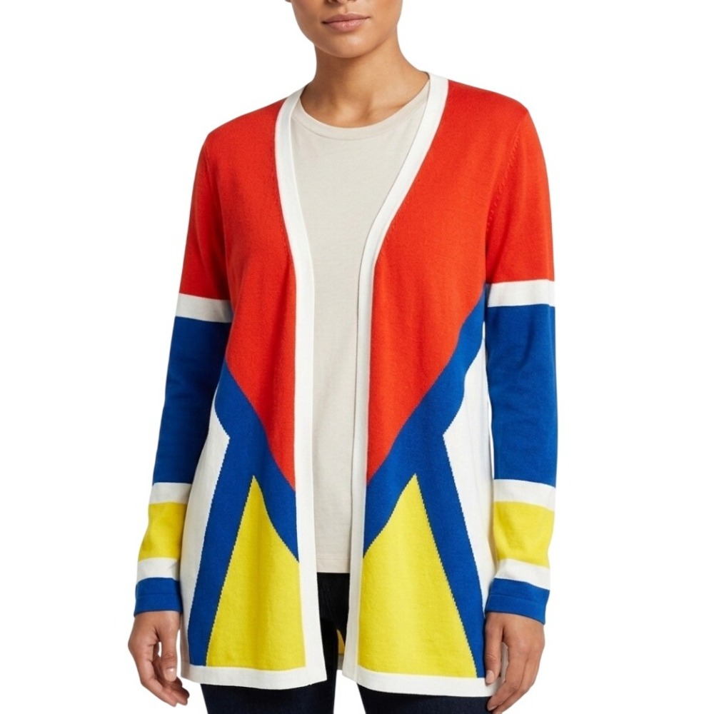 Red by Cyrus Cardigan‎ Women XL Orange Blue Colorblock Geometric Open Front Knit